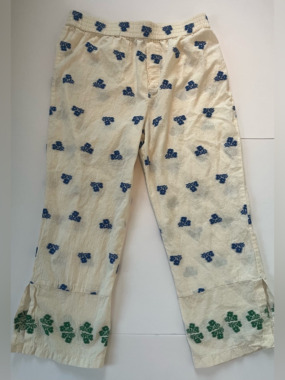Zara Cream Flowy Pants with Blue & Green Floral Prints